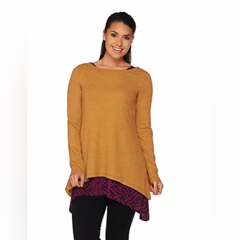 Lori Goldstein waffle knit top and printed tank twin set cider and purple berry